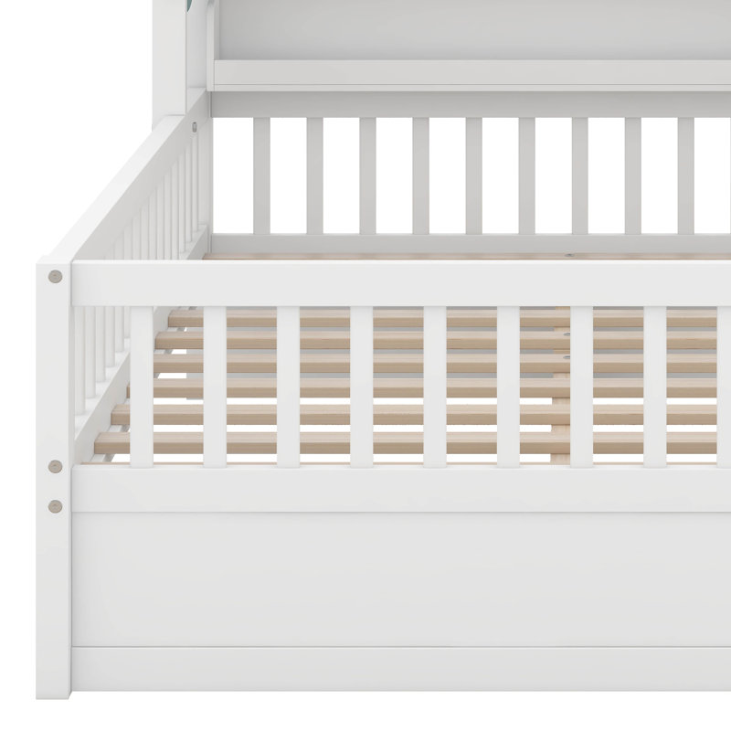 Lit plateforme House avec tablette de tête de lit et cadre de lit double en bois, Blanc, Double