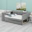 Lit plateforme tapissier avec tablettes de rangement, bureau, station de charge et lit gigogne-315227854