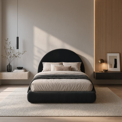 Half-Moon Cloud Upholstered Bed Frame with Curved Arched Base, Cream Boucle, Full Size