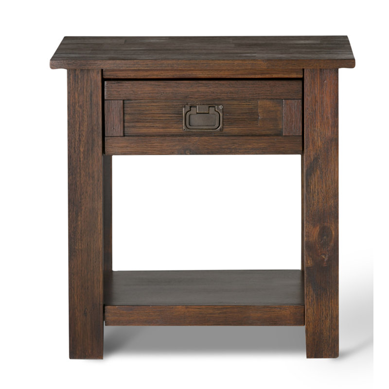 Wyandotte Monroe 22"W Solid Acacia Wood Rustic End Table with Drawer and Shelf, Charcoal brown