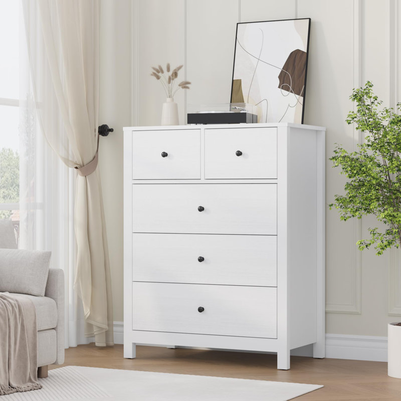 Commode 5 tiroirs pour chambre à coucher, grande commode moderne avec tiroirs de rangement, Blanc