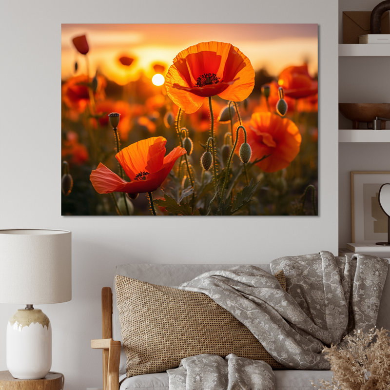 «Red Poppies Field With Sunset I», reproduction sur toile, H 12 po x l 20 po x P 1 po, Toile tendue