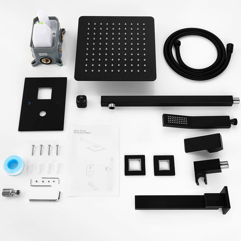 Matte Black Wall Mounted Shower - 10" Rain Head, Brass & Stainless Steel Build, Self-Cleaning Nozzle, Strong Water Flow, Complete With Components Head Mount Black, Robust Construction Stainless, Air