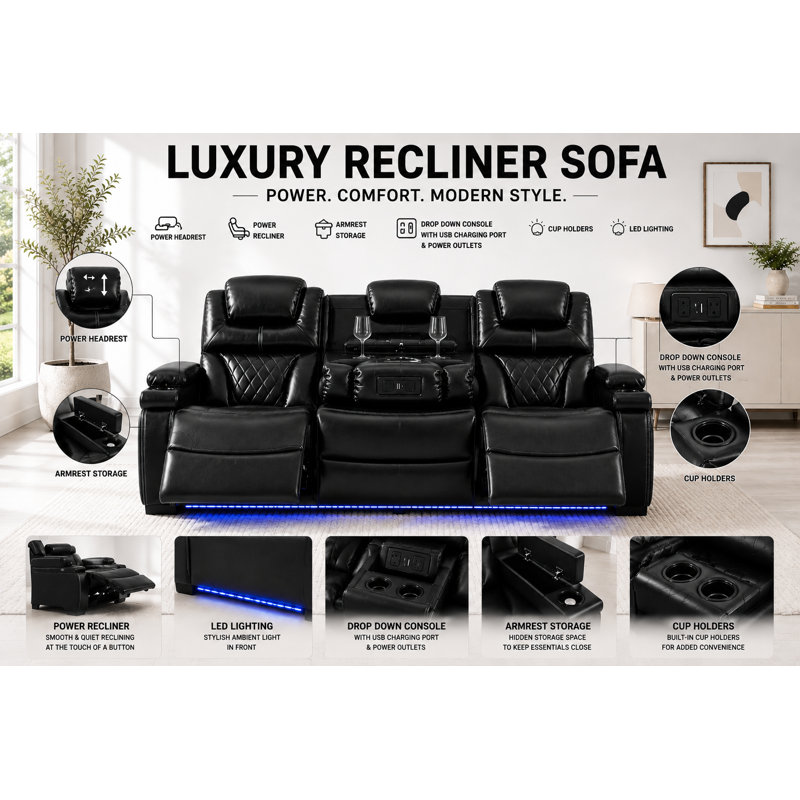 Canapé inclinable en cuir véritable 80 po Akes, Noir
