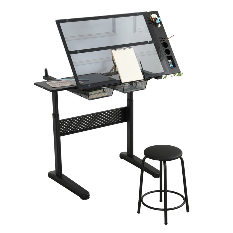 Bureau de table à dessin réglable noir avec manivelle et 2 tiroirs en métal, Noir