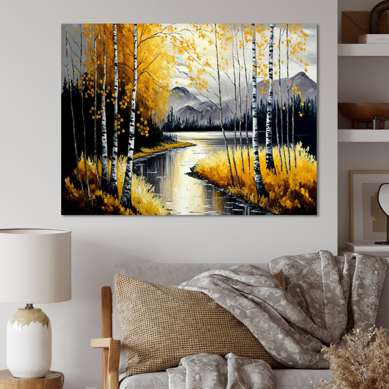 Bouleaux gris et jaunes au bord du lac II - arbre, art mural, H 12 po x l 20 po x P 1 po, Toile tendue