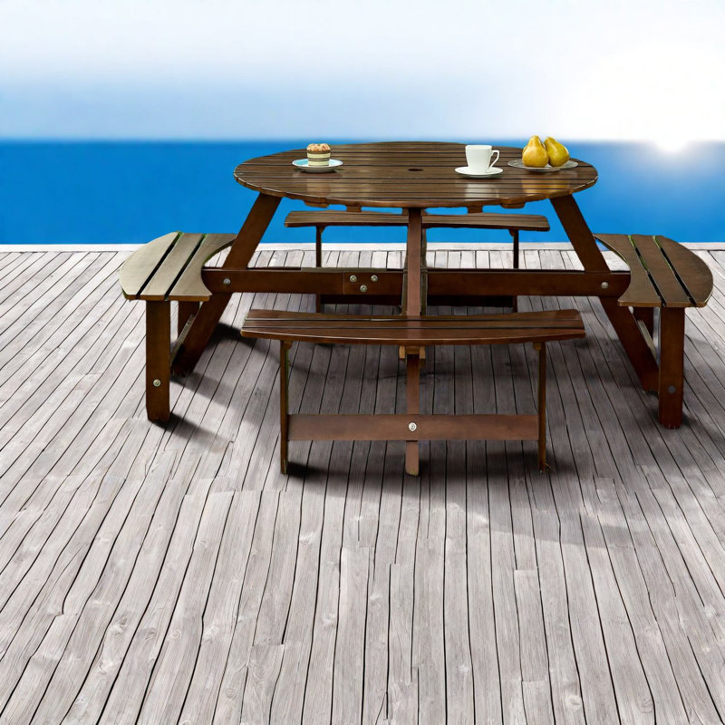 Durable 8-person Metal Wood Patio Dining Set, Rustic Round Design For Garden