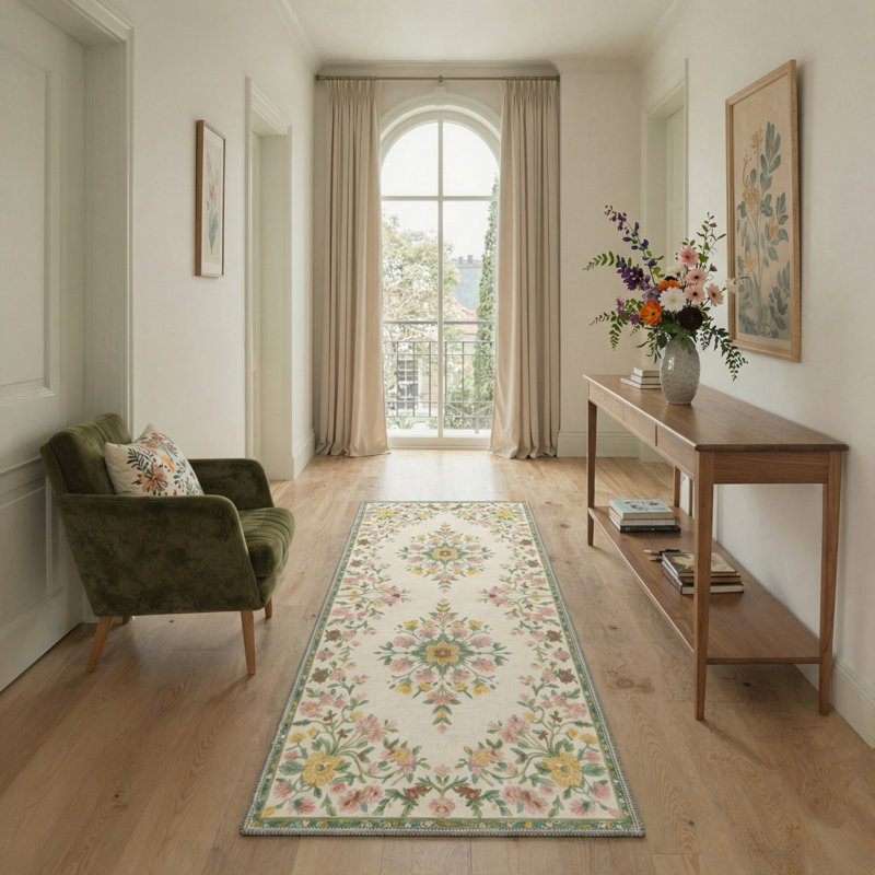Abadou Verdant Floral Vines Machine Washable Blush Sage Indoor Area Rug With Non-Slip Backing, Runner 2'6" x 8'