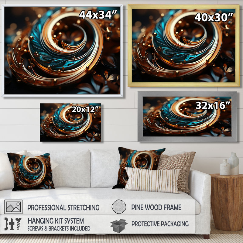 Or turquoise harmonie ornementale - spirales abstraites, impression d'art mural, Toile avec cadre flottant brun