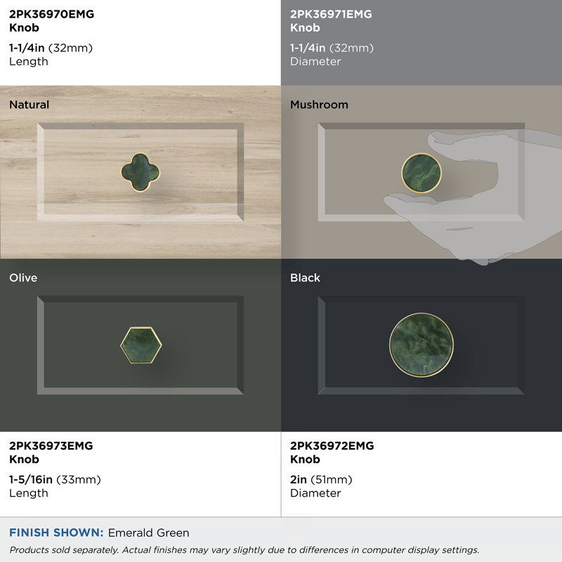 Gold and Emerald Green Round Cabinet Knob Set with Mounting Hardware