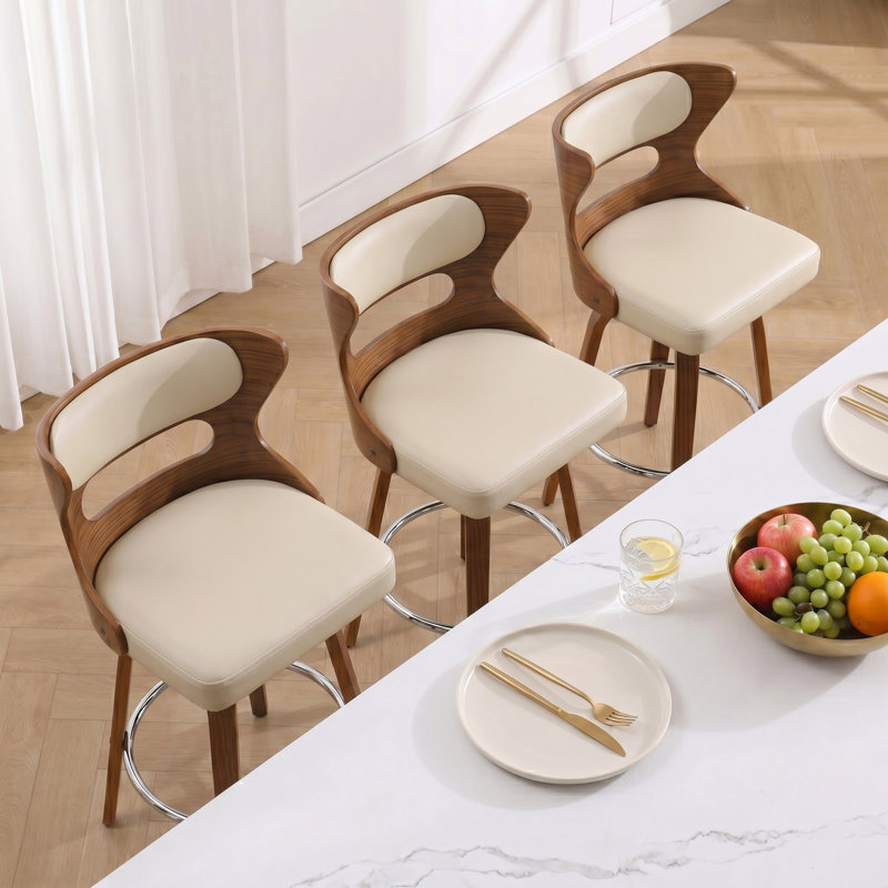 Storm Modern Swivel Counter Stool with Bent Wood Back, Ivory