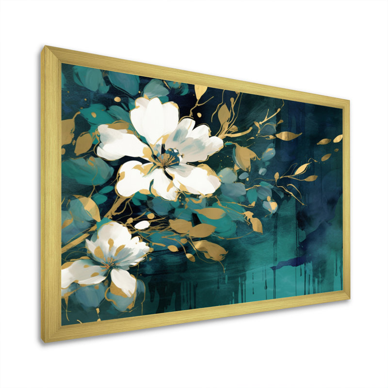 Plantes blanches bleu sarcelle dans le chaos III - art mural floral, Encadrement doré, H 30 po x l 40 po x P 1,5 po