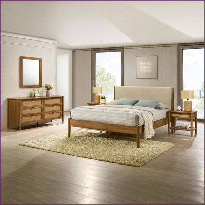 Ensemble de chambre à coucher 5 pièces avec grand lit Vichy, commode, miroir et amp; 2 tables de chevet | Bois d'hévéa noyer brun | Polyester
