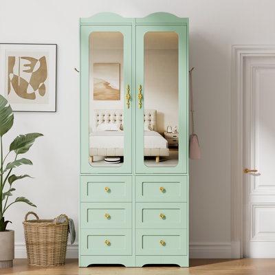 Armoire Wardrobe Closet & Wardrobe Cabinet With 6 Drawers And 2 Mirrors & With Hanging Rod & Sensor Lights by Winston Porter