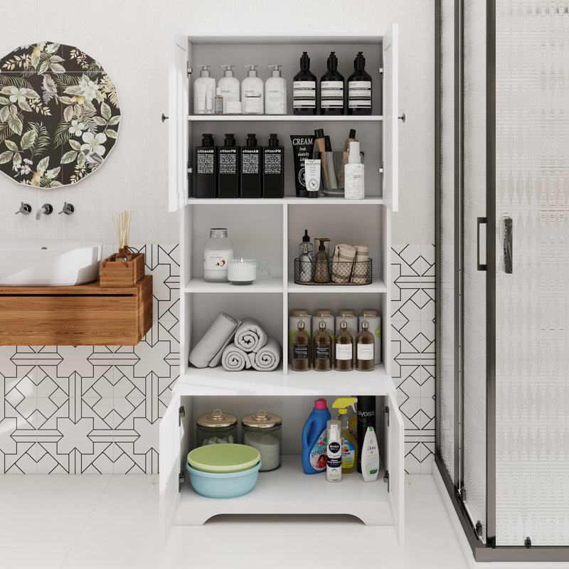 Armoire de rangement haute et large pour salle de bain, unité de rangement pour salle de bain, armoire autoportante avec 4 portes, tablettes réglables, tablettes ouvertes multicouches, blanc