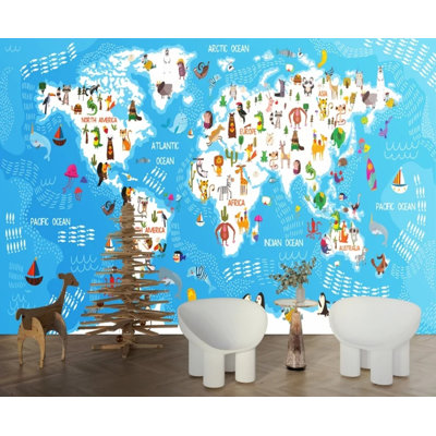 Educational Kids World Map Continents Oceans Animals Geography Wall Art Mural Decor