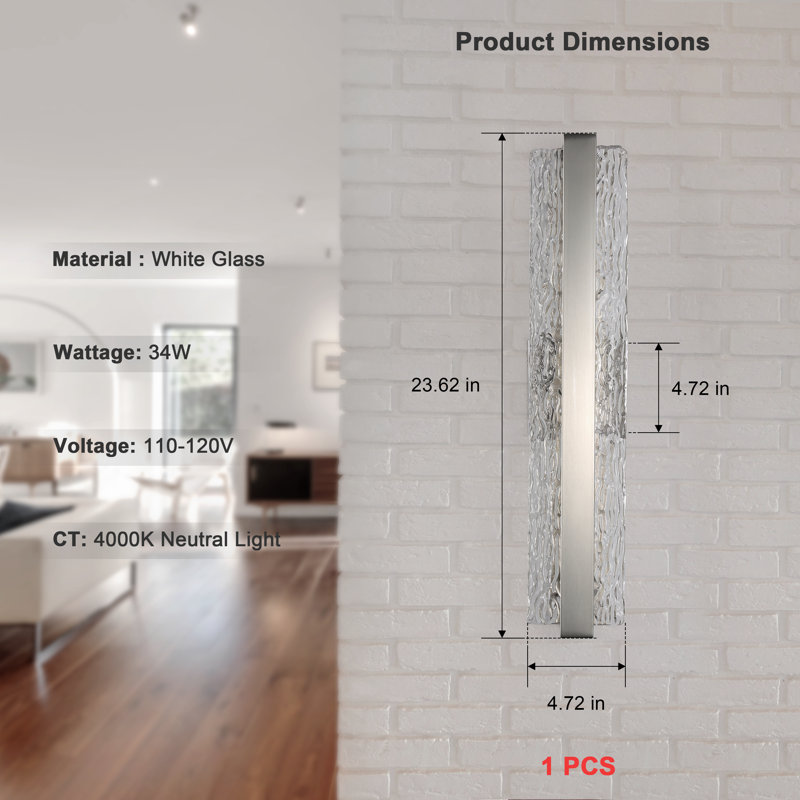 Appliques murales DEL à intensité variable avec applique en verre ondulé, Nickel, H 23,62 po x l 4,72 po x P 3,94 po