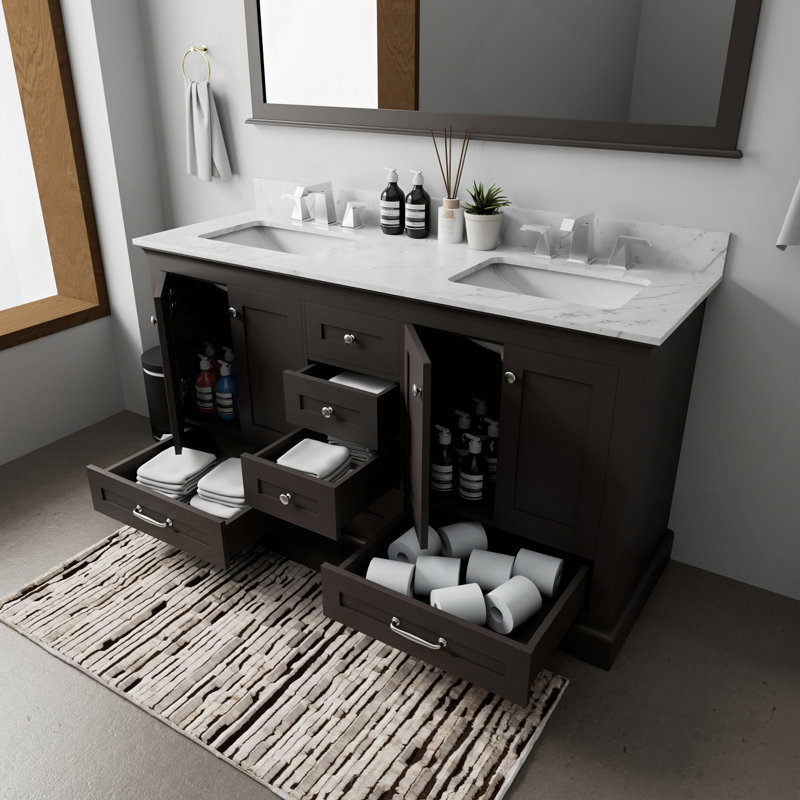 Meuble-lavabo double espresso 60 po X P 22 po D, plateau en marbre de Carrare, Espresso, 60"