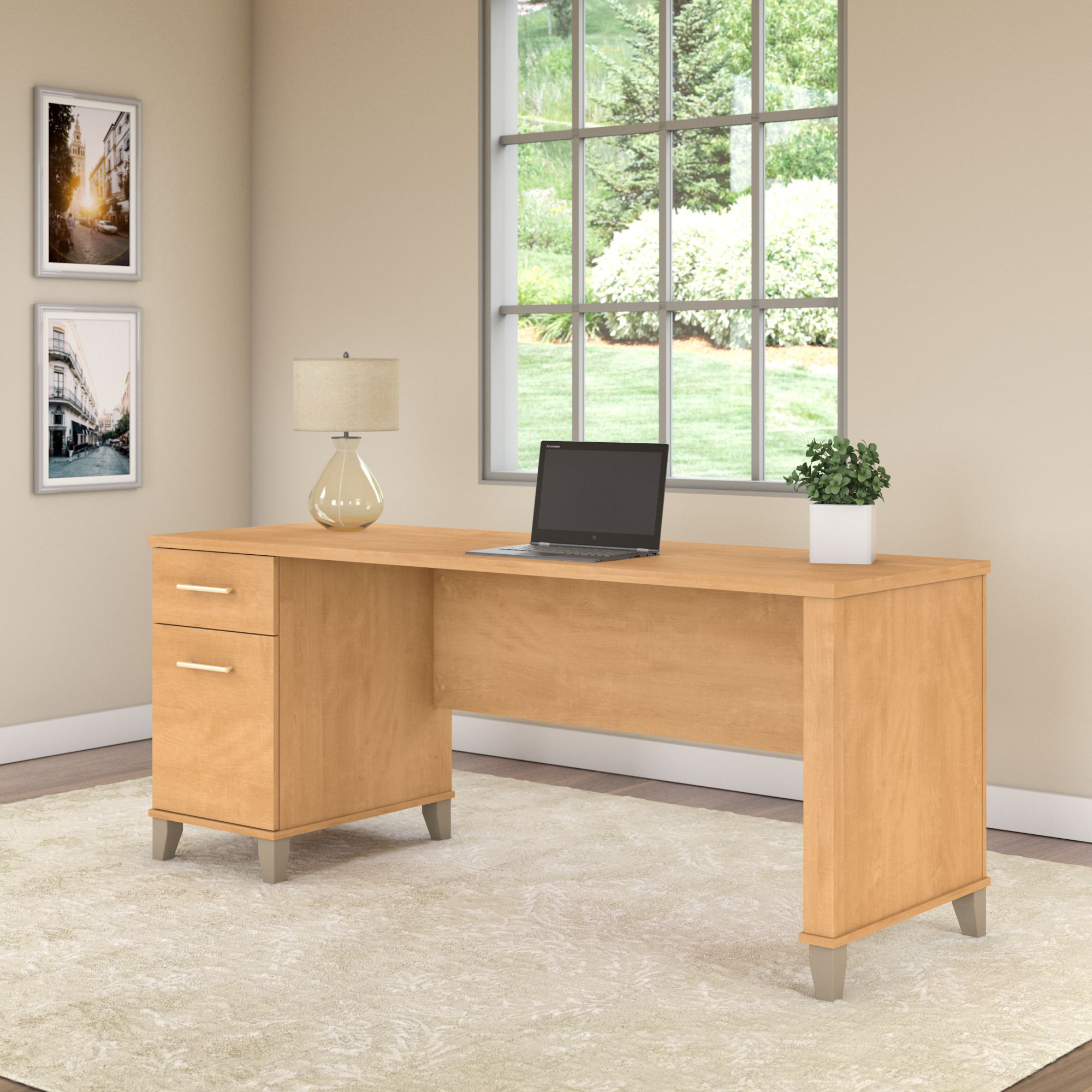 Draylen White Solid Wood Study Desk with Drawers /Rubberwood/Curved/0.