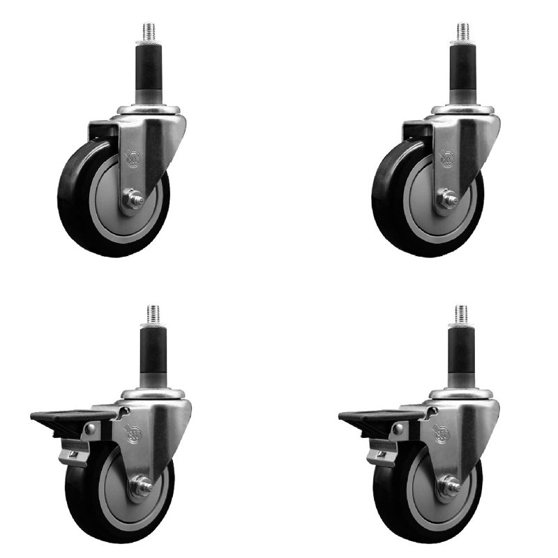 Ensemble de roulettes extensibles pivotantes en poly sur roulettes 2 freins SCC PLB 4 po x 1-1 / 8 po, Noir
