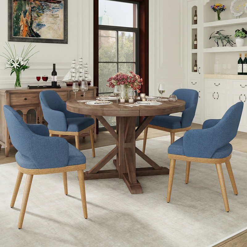 Modern Upholstered Dining Accent Chair with Wooden Legs, Blue, Natural Wood