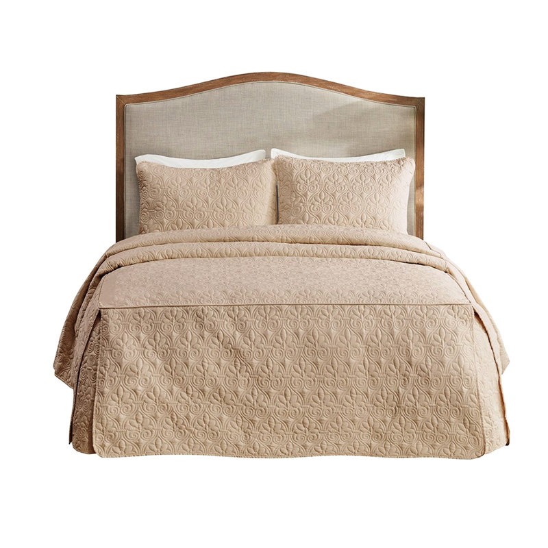 3 Piece Split Corner Bedspread In Khaki King - With Pleats, Soft Microfiber, Filled Bedding Microfiber Fabric, Filling, Long-Term Durability