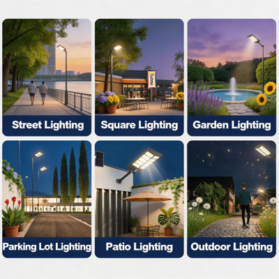 Lampadaires solaires 4800W d'extérieur, projecteur de sécurité IP67 imperméable à capteur de mouvement, lampe à DEL crépuscule à l'aube 6500k pour le parc de stationnement, terrain de basketball, zone commerciale.