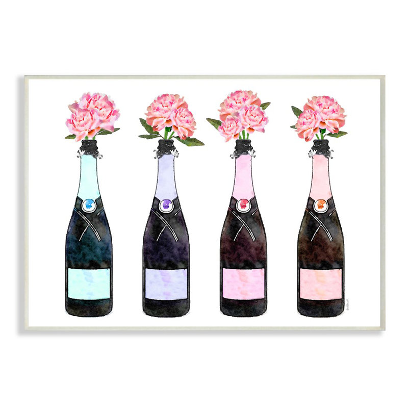 « champagne bouteilles avec pivoines », impression, Plaque murale, H 12 po x l 18,5 po x P 0,5 po