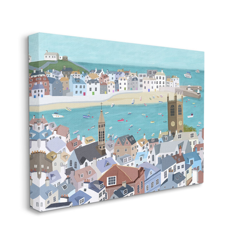" Beach Town City Buildings Ocean View Illustration " by Carla Daly, Wrapped Canvas, 20" W x 16" H