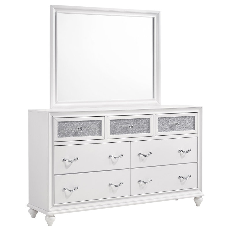 Commode blanche 7 tiroirs avec miroir assorti, commode en bois d'hévéa avec quincaillerie en cristal, ensemble de coiffeuse Glam