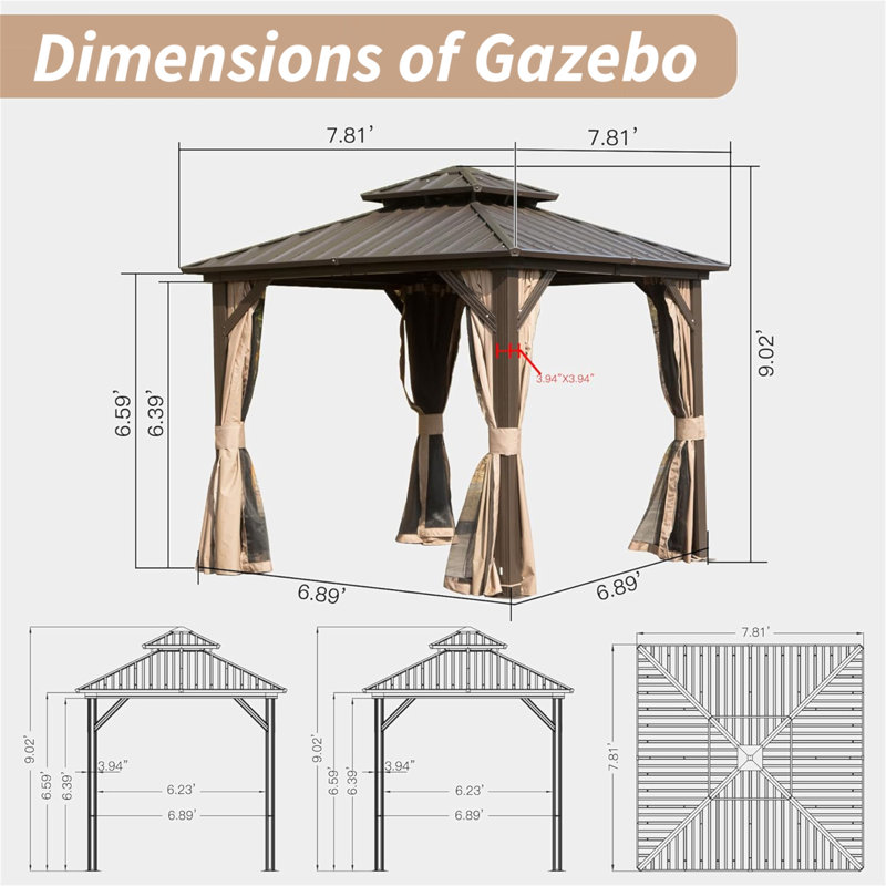 Metal Vault Gazebo, Brown, 108.24" H x 93.72" W x 93.72" D