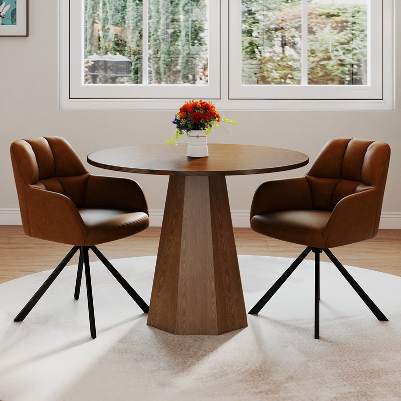 Ensemble de tables de salle à manger rondes de style Mid-Century avec chaises pivotantes, Noyer, 3 pièces: table, 2 chaises