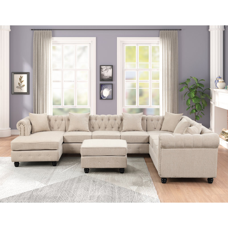 Canapé modulaire rembourré 5 pièces Wespi, Mélange de lin beige