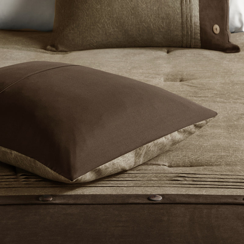King 7 Piece Bedding - Brown Faux Suede, Button Detail Comforter