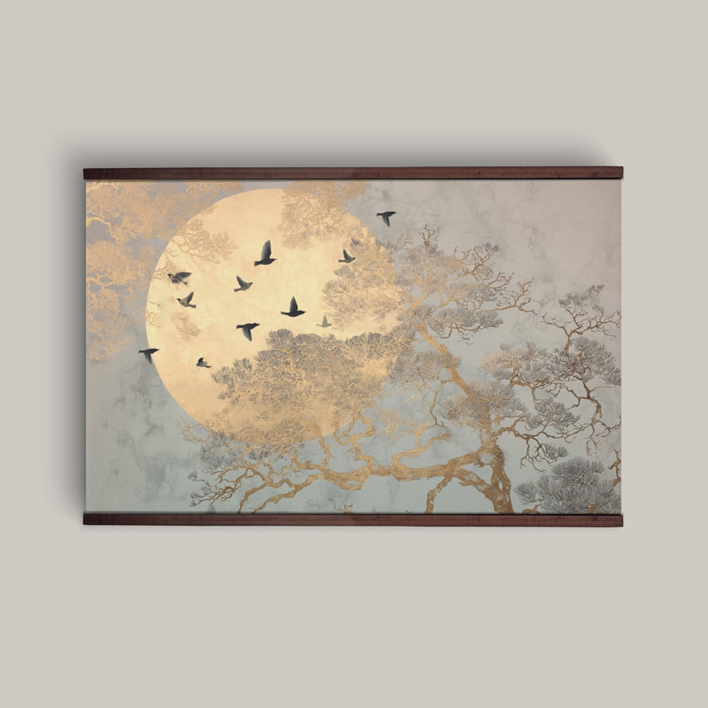 Reproduction d'art sur toile encadrée, "Golden Moon and Birds", H 40 po x l 60 po
