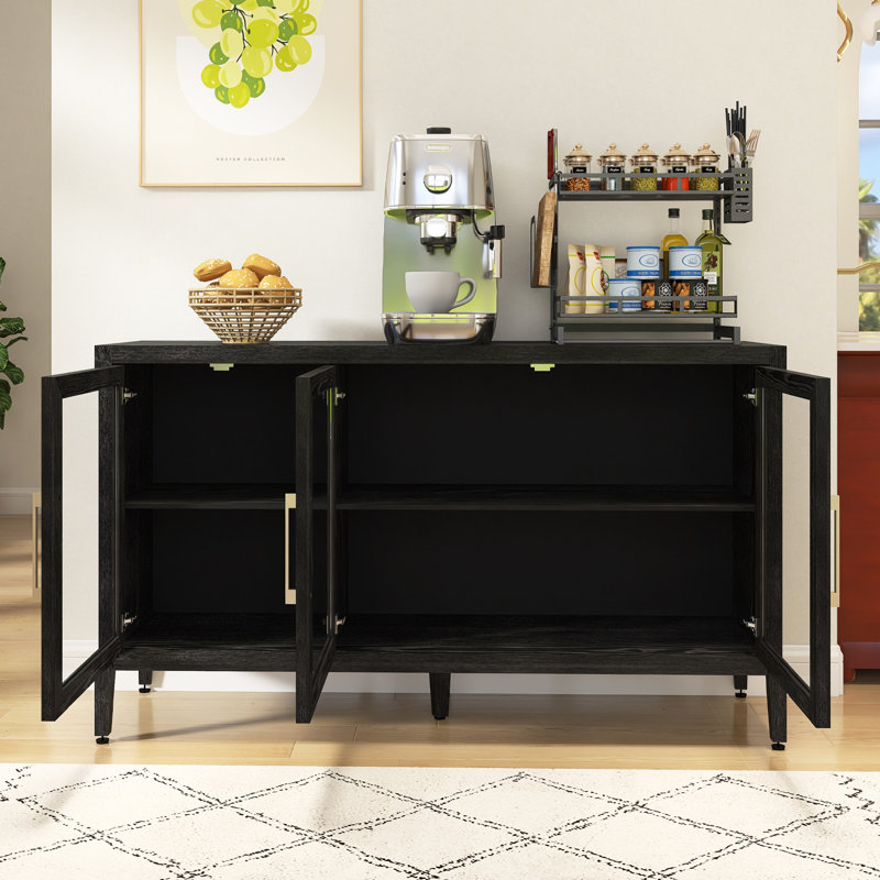 Wood Storage Cabinet With Three Tempered Glass Doors And Adjustable Shelf