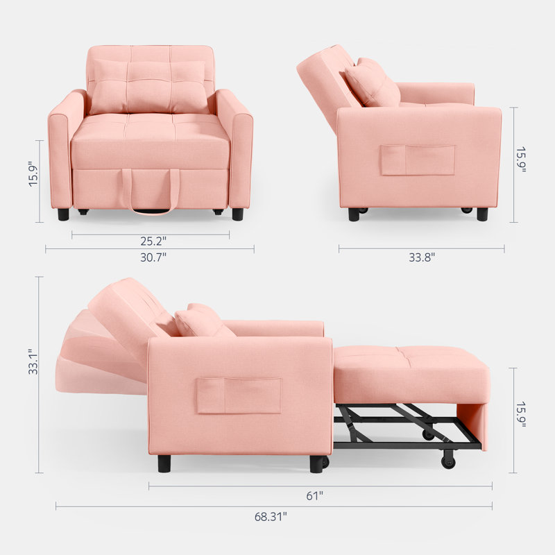 Fauteuil d'appoint convertible 3 en 1, canapé-lit rembourré escamotable avec coussin décoratif, Mélange de lin rose