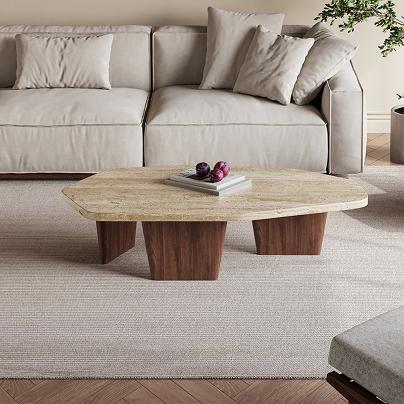 Simple shaped solid wood cave stone coffee table, 13.8" H x 55.1" L x 31.5" W
