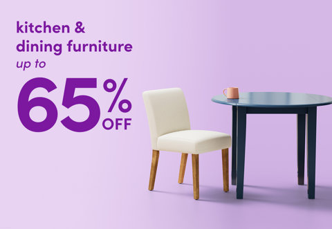 Kitchen and dining furniture up to 65% off featuring a cream upholstered chair and a blue round table with a mug on a light purple background.