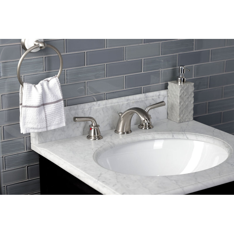 Kingston Brass Restoration Two-Handle 3-Hole Deck Mount Widespread Bathroom Faucet with Retail Pop-Up Drain, Brushed Nickel
