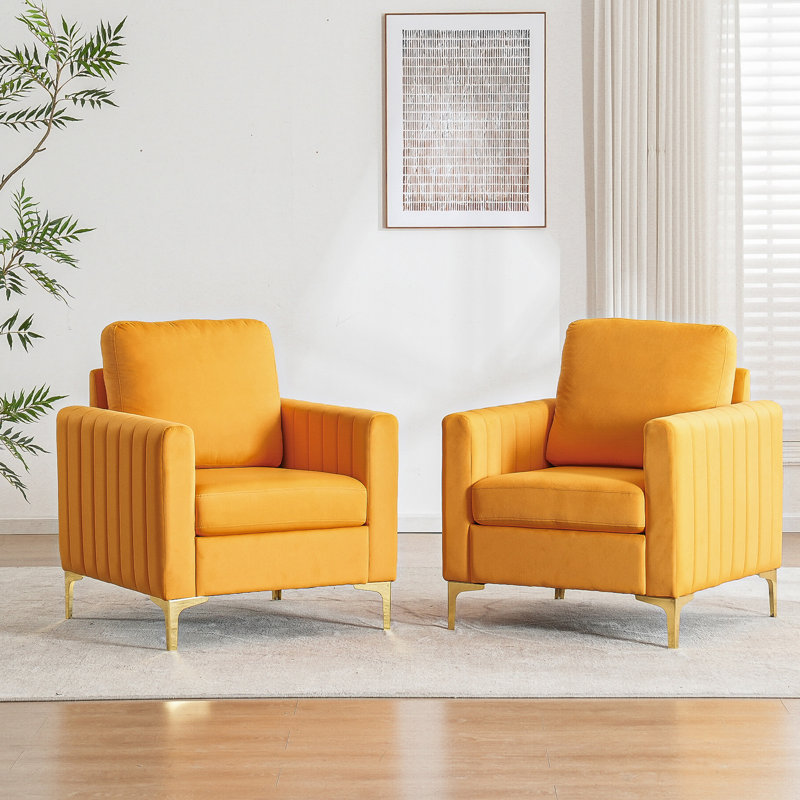 Velvet Accent Chair With Gold Metal Legs  (Set Of 2), Mustard