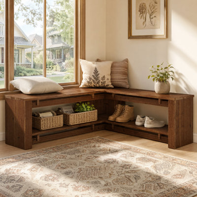 47.2" L-Shaped Solid Wood Entryway Bench with Storage Shelf, Farmhouse Corner Bench for Entryway, Foyer, Mudroom