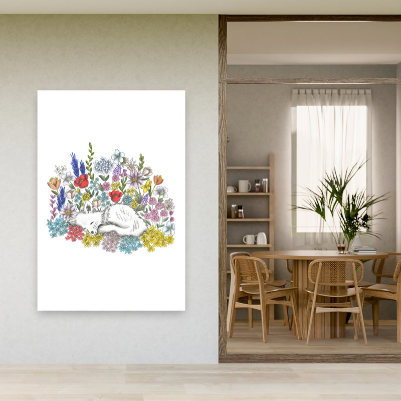 Illustration murale abstraite d'un renard paisible dans une forêt fleurie, 60" H x 40" W