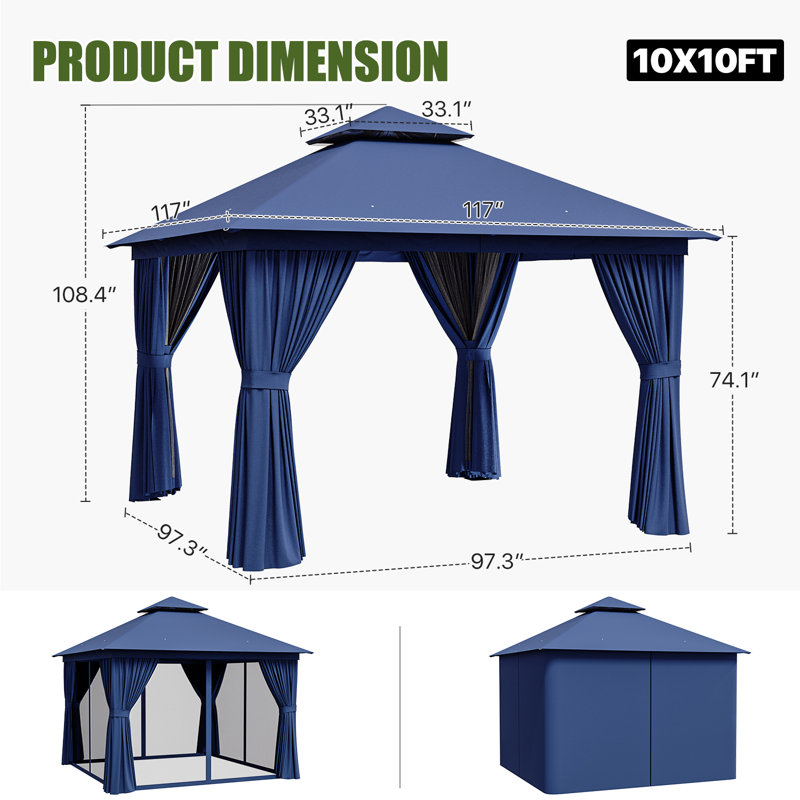 10 Ft. W X 10 Ft. D Outdoor Gazebo With Double Roof, Spacious Canopy With Netting & Curtains, Perfect For Patio, Lawn & Backyard