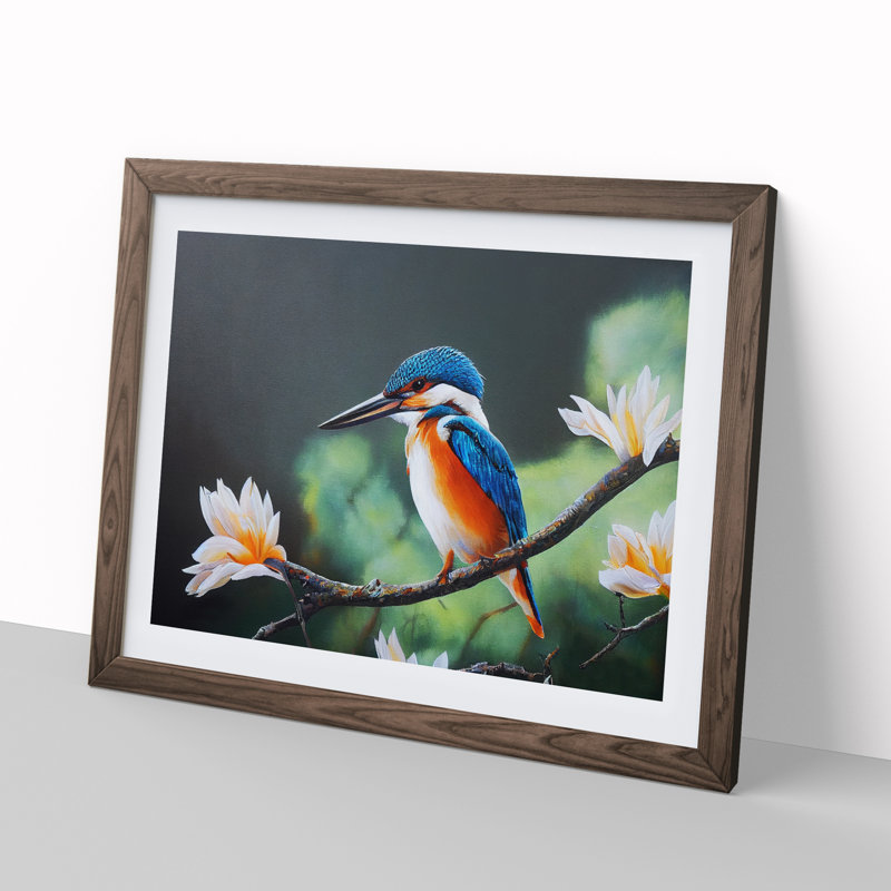 Electrifying Kingfisher Bird - Single Picture Frame Print, 46cm H x 64cm W x 2cm D, Walnut 