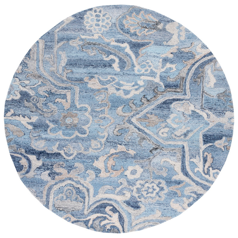 Castillon Floral Handmade Tufted Blue/Gray Area Rug, Round 7'