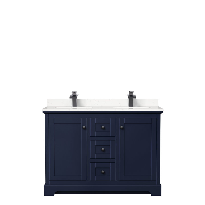 Ensemble de meuble-lavabo double 48 po Avery, Bleu foncé, Marbre de culture blanc, Noir mat