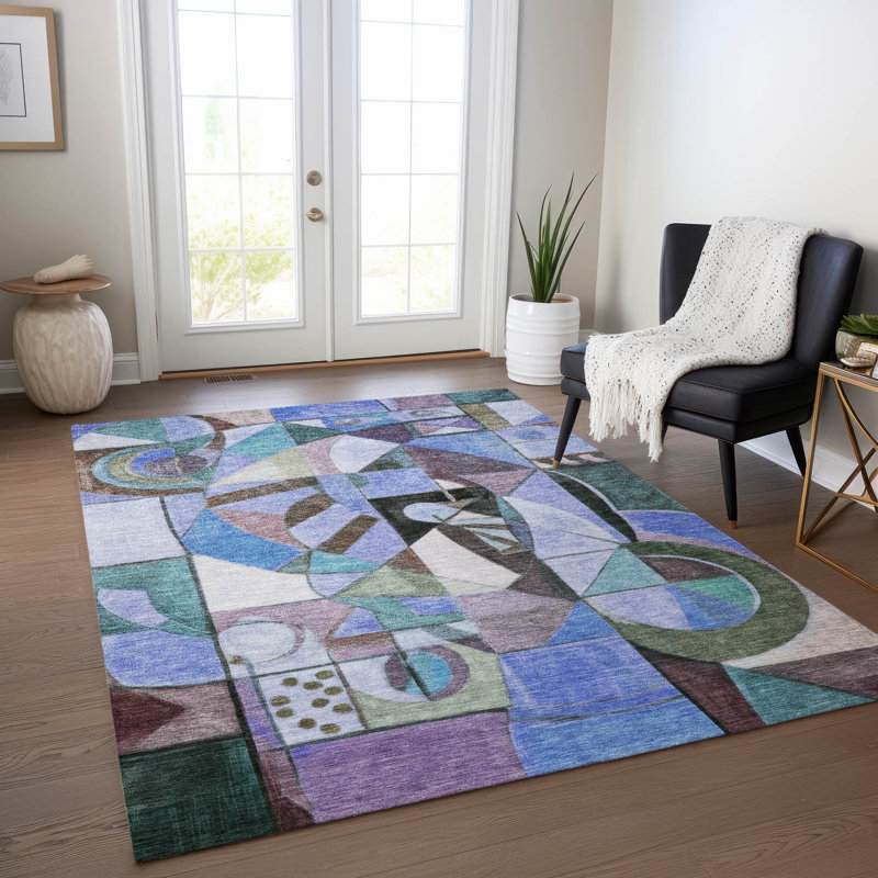Machine Washable Indoor/Outdoor Xhevrie Green Rug, Rectangle 9' x 12'