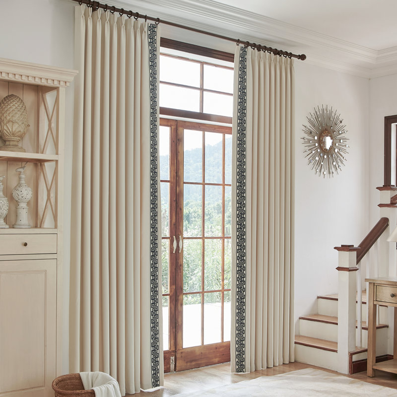 Allison Cotton Blend Room Darkening Curtain Pair, Cream Fabric/Navy Trim, 50" W x 102" L