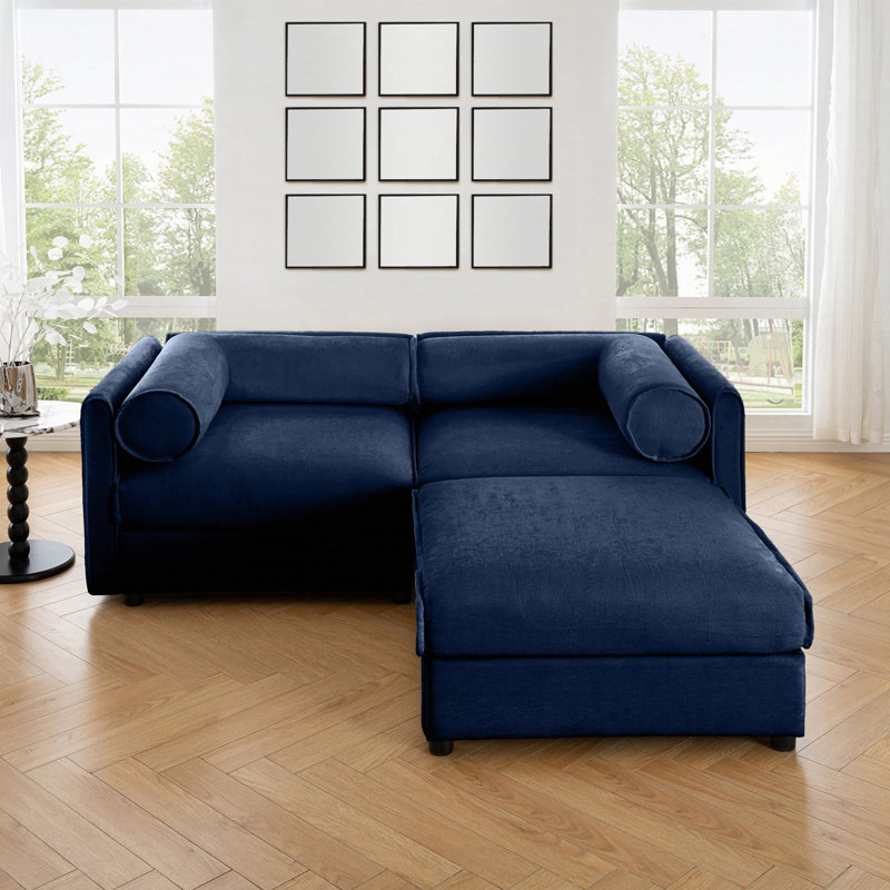 Upholstered Loveseat Sofa With Ottoman, Blue Chenille, 27.9" H x 75.5" W x 37.4"D